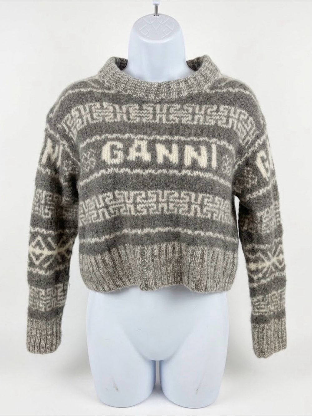 GANNI Grey Organic Wool Logo Knit Cropped Fair Isle Sweater S